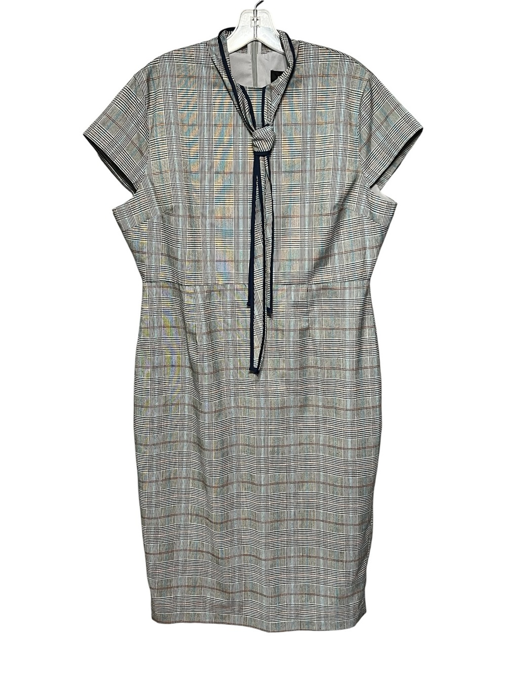Alexia Admor Grey Carolina Plaid Necktie Dress  Short Sleeve Midi XL